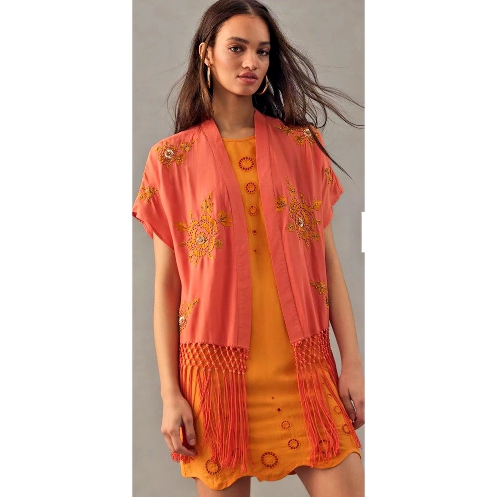 ANTHROPOLOGIE‎ Women Size ALL Floral Sequin Beaded Fringe Open Kimono Top Coral